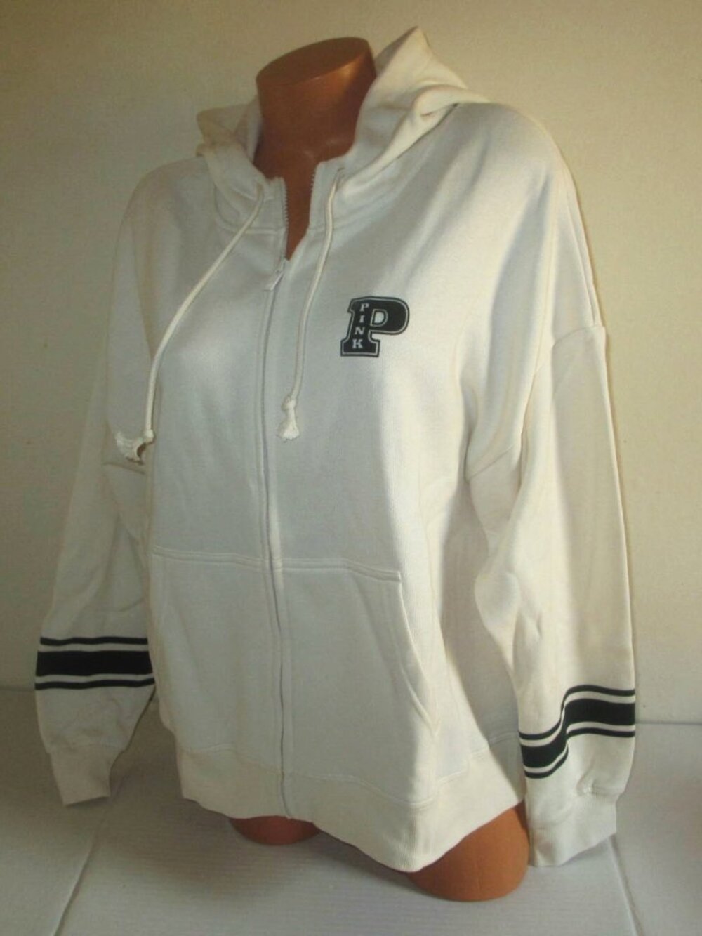 PINK Victoria Secret Ivy Fleece Campus Full Zip Hoodie Sweatshirt White Shell L